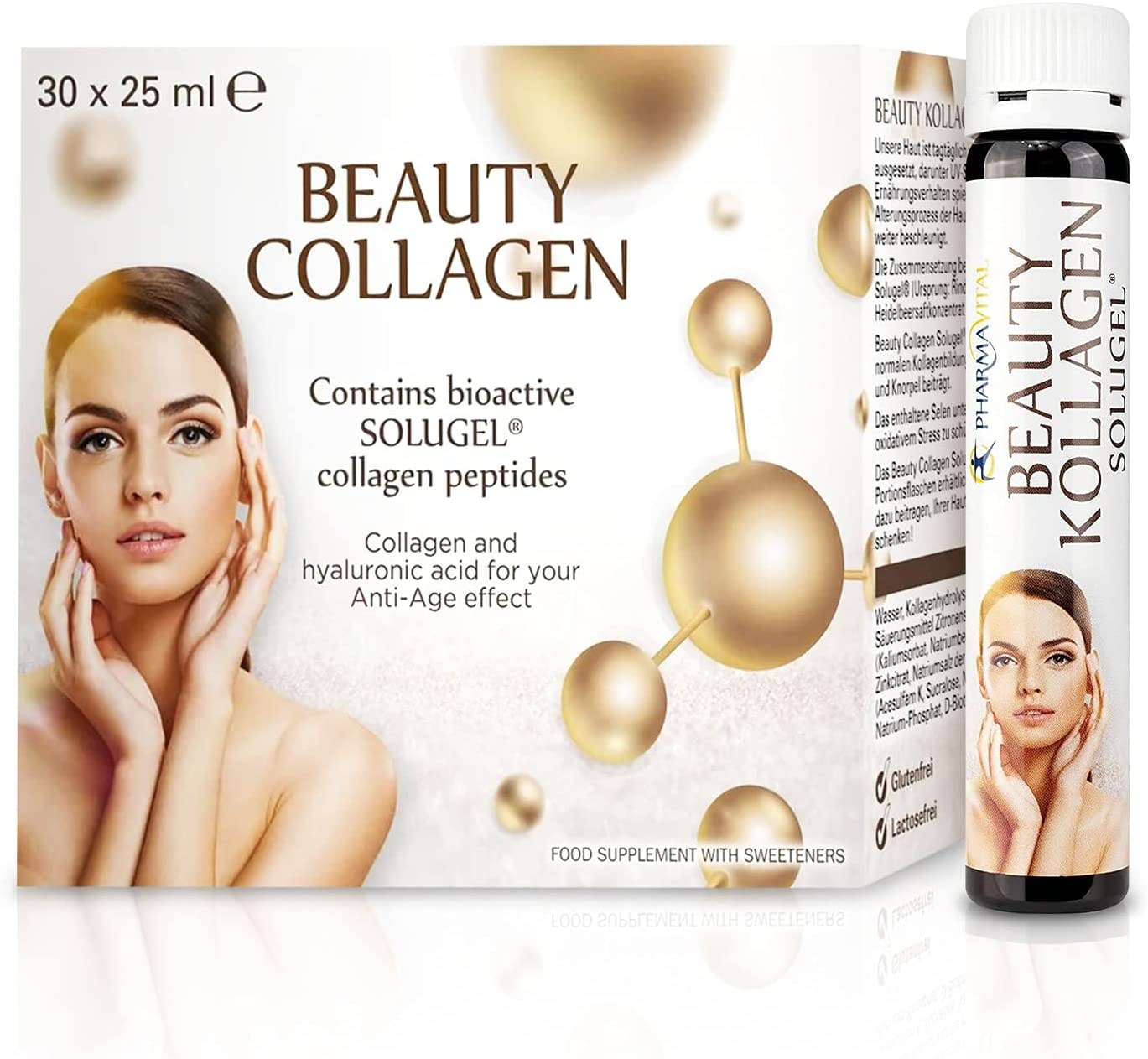 Produktbild von Bewertung Pharmavital Beauty Kollagen Trinkampullen 30 Stück Anti Aging Drink, hochdosiert, 5555mg Premium Collagen mit Hyaluronsäure, Peptide, Vitamin C, Heidelbeersaftkonzentrat, Mineralien und Biotin
