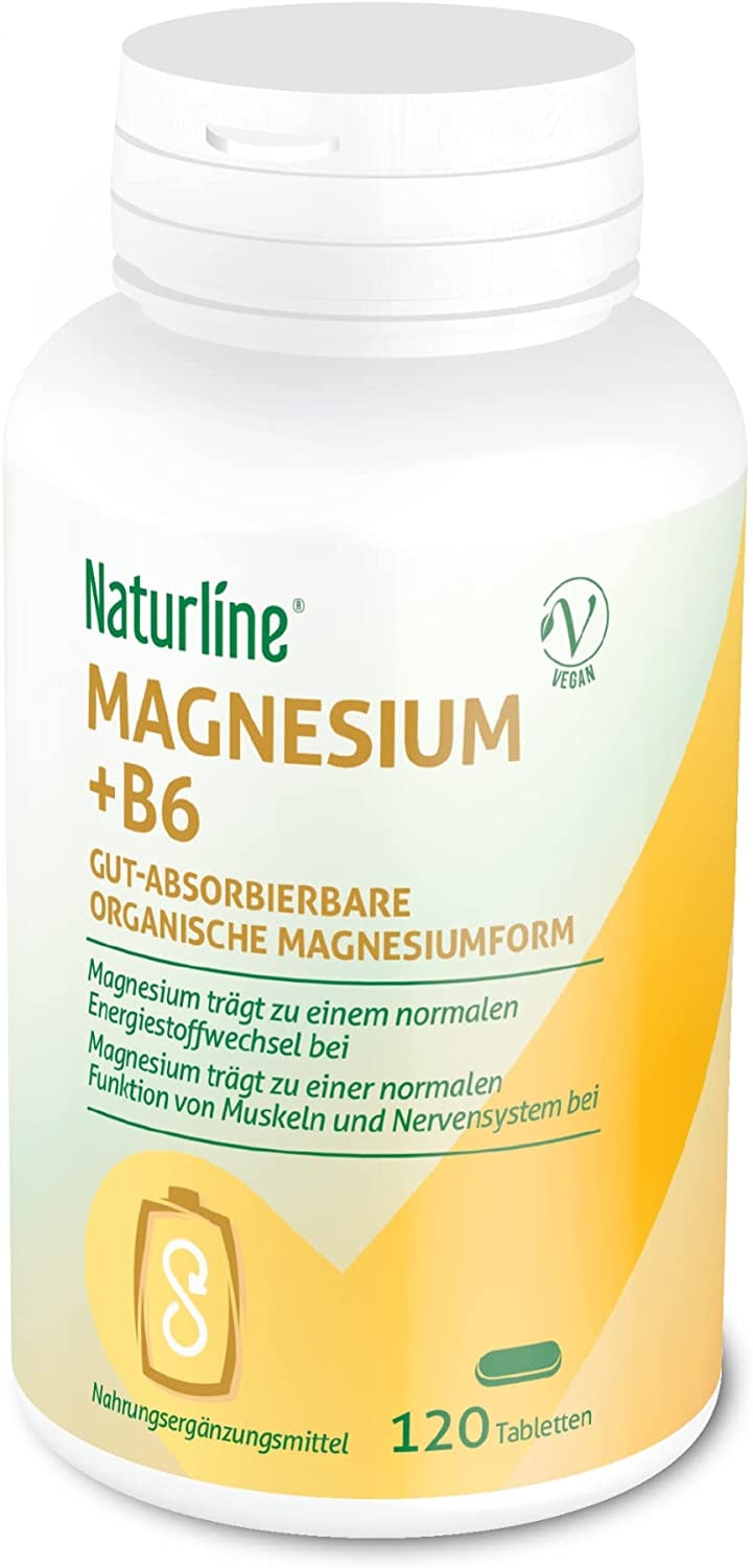 Produktbild von Naturline Magnesium hochdosiert + vitamin B6 | 120 vegane magnesium tabletten | Hohe Dosis einer gut resorbierbaren organischen Form von Magnesium | Geeignet für schwangere & stillende Frauen