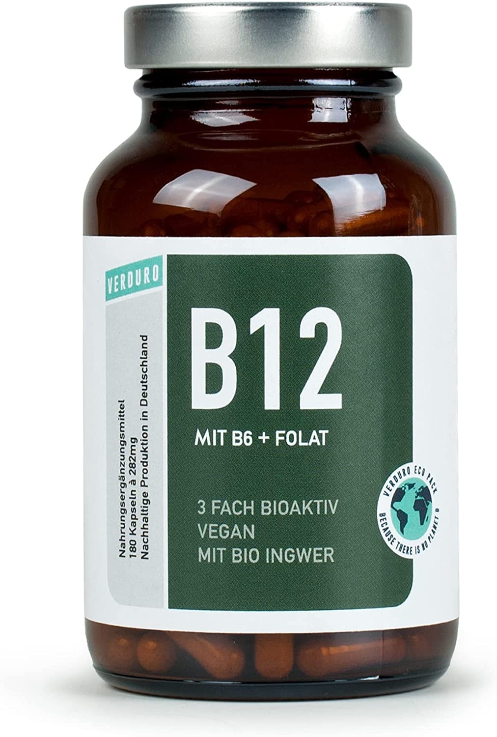 Produktbild von VERDURO - Vitamin B12 VEGAN - 180 Kapseln im Glas, 500µg B12 Komplex aus Methyl-, Adenosyl- & Hydroxocobalamin, Depot, + Folat + B6 + BIO Ingwerpulver, Mikronährstoffe, B12 Tabletten, laktosefrei, glutenfrei