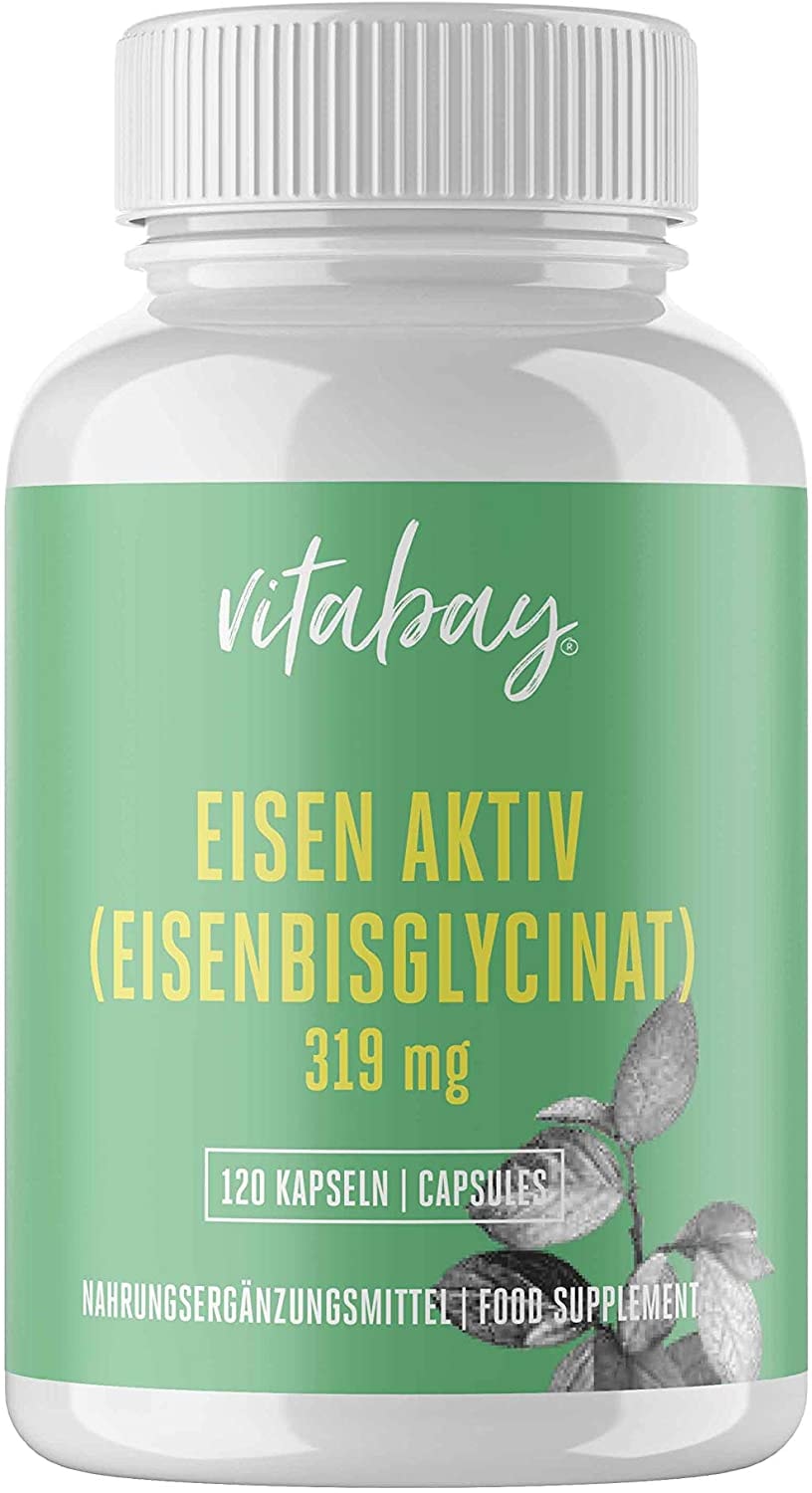 Produktbild von Vitabay Eisen Aktiv aus Eisenbisglycinat 319 mg • 120 vegane Kapseln • Extra hochdosiert & bioverfügbar • 100% Pflanzlich • Hypoallergen • Made in Germany