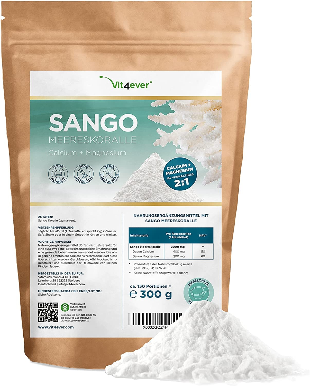Produktbild von Vit4ever - Sango Meereskoralle - 300 g Pulver - Natürliche Quelle für Kalzium (20%) & Magnesium (10%) im körpereigenen Verhältnis von 2:1 - Laborgeprüft - Ohne Zusatzstoffe