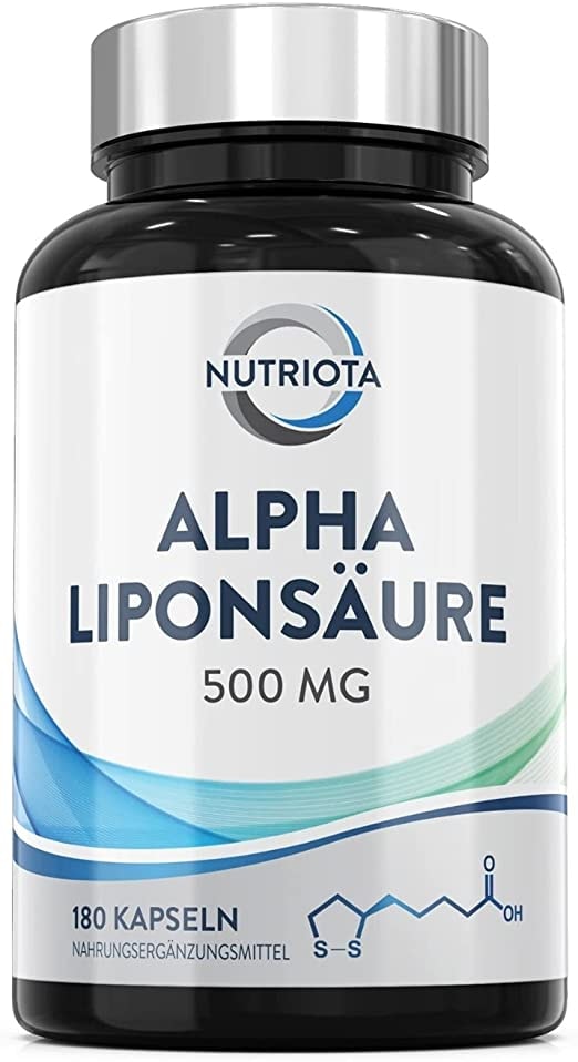 Produktbild von Nutriota - Alpha-Liponsäure ALA 500mg | 180 hochdosierte vegane Kapseln | Hilft bei Entzündungen, unterstützt Blutzucker-Regulation und Nervengesundheit, wirksam gegen kribbelnde Füße, Hände, Gliedmaßen und mehr