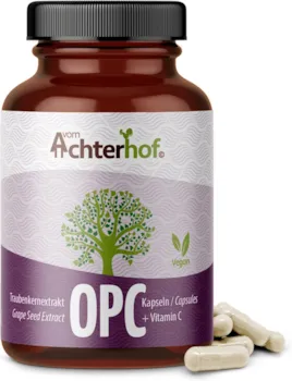 Produktbild von Bewertung Vom Achterhof OPC Traubenkernextrakt 200 Kapseln 584mg Traubenkernextrakt pro Kapsel davon 350mg OPC hochdosiert und kaltgepresst frei von künstlichen Zusätzen