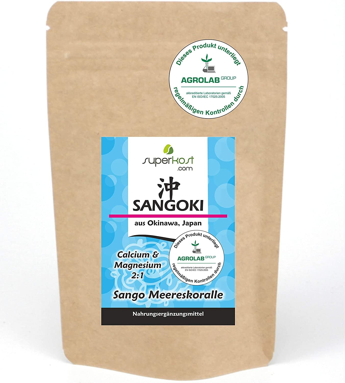 Produktbild von Superkost  - 250g Sangoki Sango Meereskoralle Pulver Natürliche Quelle für Kalzium (20%) und Magnesium (10%), von UNABHÄNGIGEN LABOR bestätigt, im Verhältnis von 2:1, hochdosiert Hergestellt in Deutschland