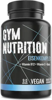 Gym Nutrition EISEN Komplex- Eisen + Biotin + Vitamin B12 + Vitamin C Hochdosiert, vegan und ohne Zusätze Laborgeprüft - Made in Germany 90 Kapseln