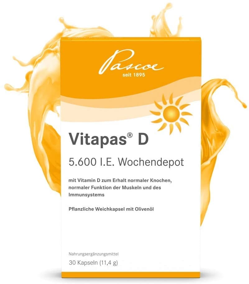 Produktbild von Pascoe Vitapas D 5.600 I.E. Wochendepot: 30 pflanzliche Weichkapseln mit Vitamin D3 für Immunsystem, Muskeln & Knochen