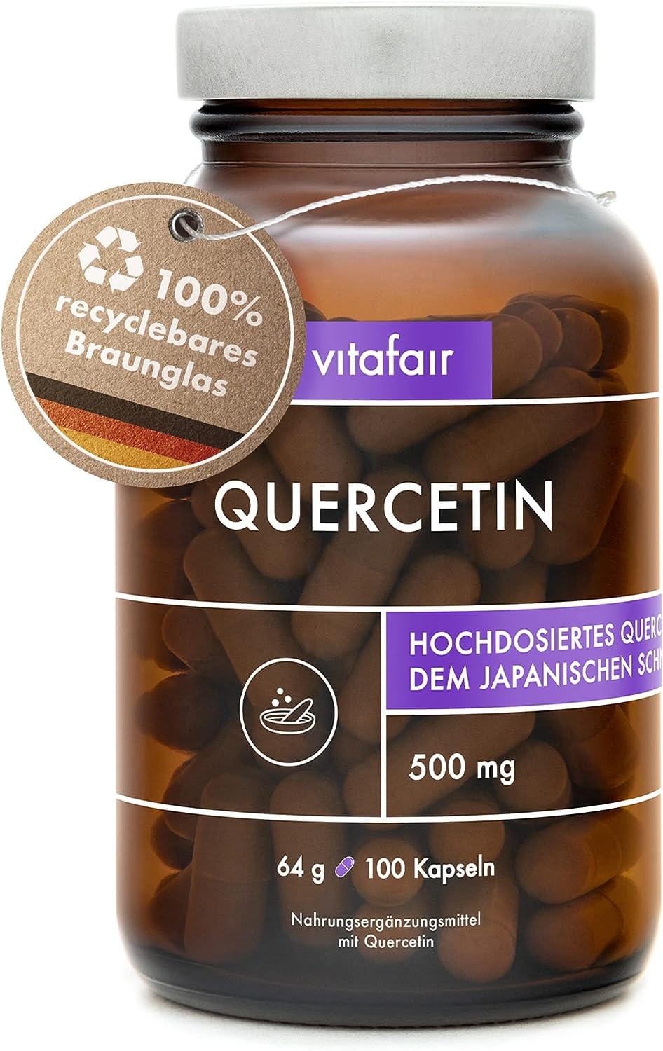 Produktbild von Bewertung BRAINEFFECT Quercetin Kapseln Hochdosierte Antioxidantien aus Japanischen Schnurrbaum-Blütenextrakt, Schonend extrahiertes Quercetin 500mg pro Kapsel, Quercetin hochdosiert im Braunglas 100 Kapseln