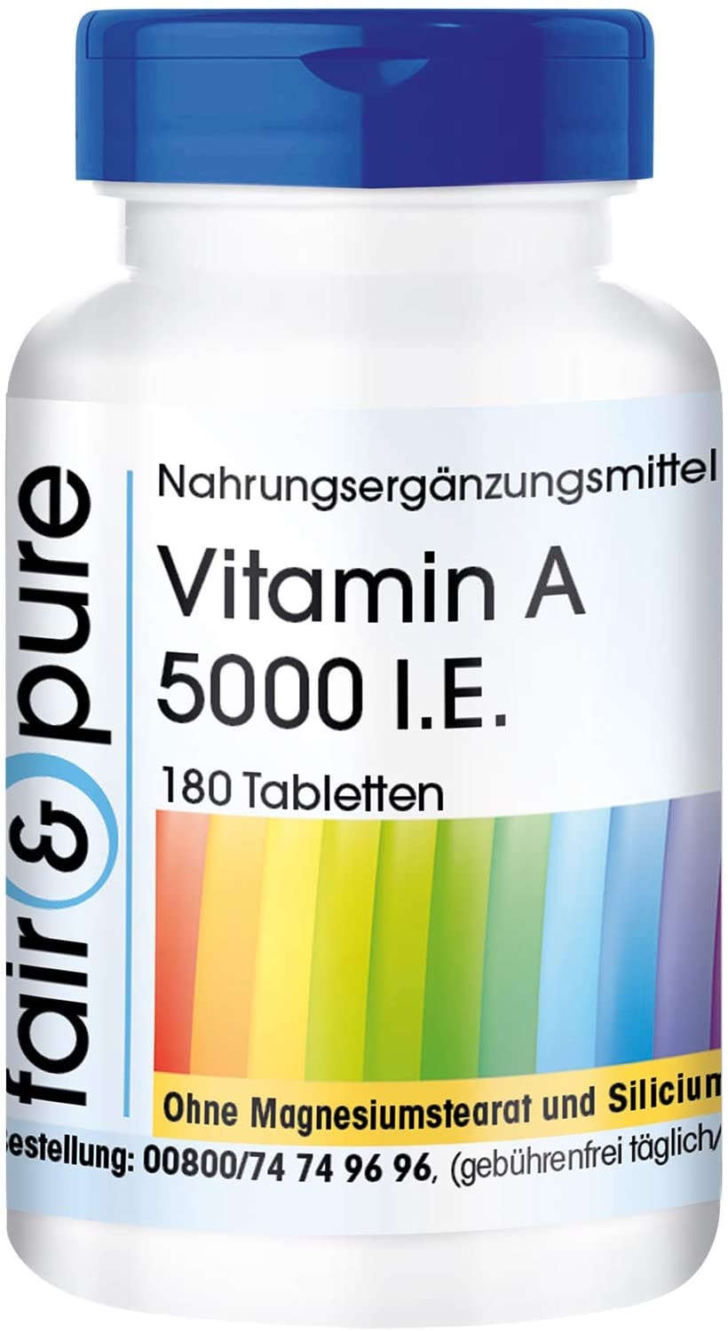 Produktbild von Fair & Pure Vitamin A 5000 I.E. (1500µg) Retinylacetat vegan ohne Magnesiumstearat 180 Tabletten