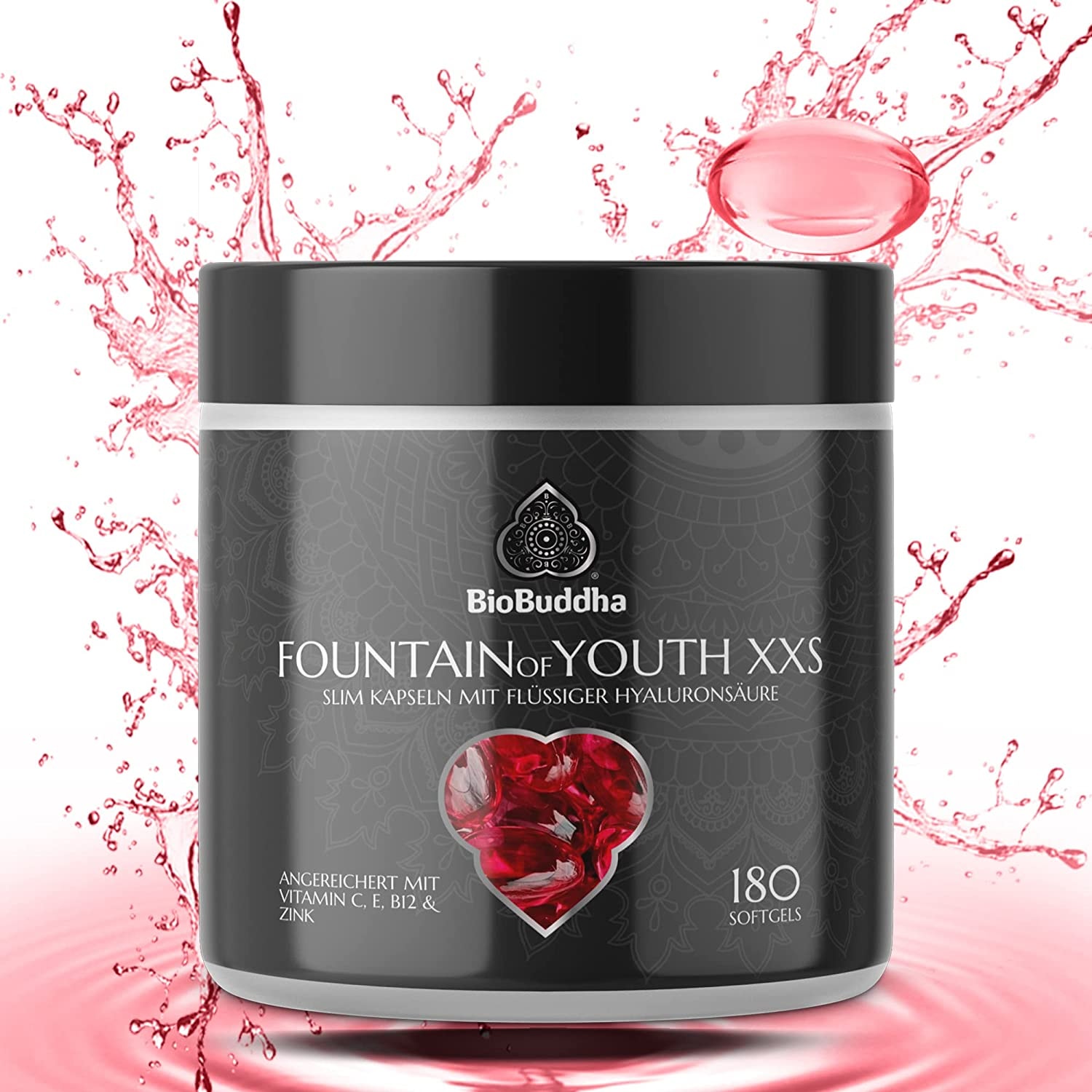 Produktbild von BioBuddha - Hyaluronsäure Kapseln mit flüssigem Hyaluron, Laborgeprüft, hochdosiert 400mg, angereichert mit Vitamin C, E, B12 und Zink, Anti-Aging für jüngere Haut und Gelenke