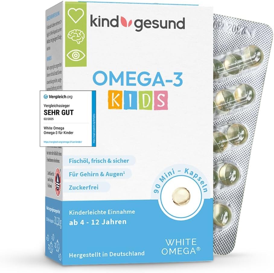 Produktbild von Bewertung kindgesund Omega 3 Fischöl für Kinder 293mg DHA & 173mg EPA zuckerfrei, kein Fischgeschmack, leicht zu schlucken Omega 3 Kids Fischöl Kapseln White Omega Kids, 90 Mini Pearlz