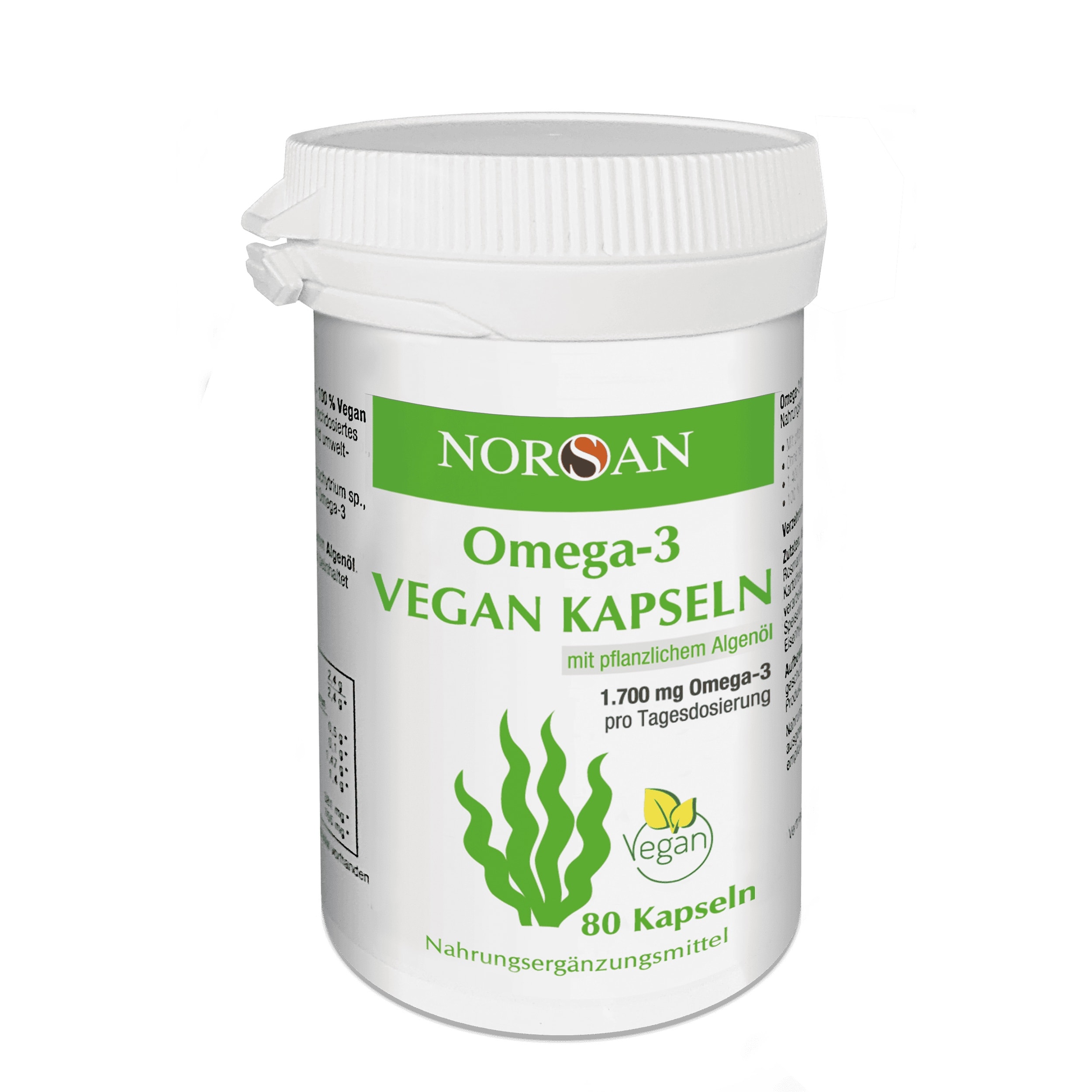 Produktbild von Bewertung NORSAN Premium Omega 3 Algenöl Vegan Kapseln 80 Stück 1.700mg Omega 3 pro Tagesdosis mit 517 mg EPA und 984 mg DHA Omega 3 Algenöl aus nachhaltigem Anbau
