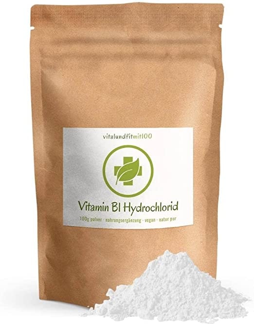 Produktbild von vitalundfitmit100 Vitamin B1 Hydrochlorid (Thiamin) - 100 g - hochdosiert, hochrein, natürlich und vegan - hohe Bioverfügbarkeit - gentechnikfrei - ohne Hilfs- und Zusatzstoffe - MADE IN GERMANY
