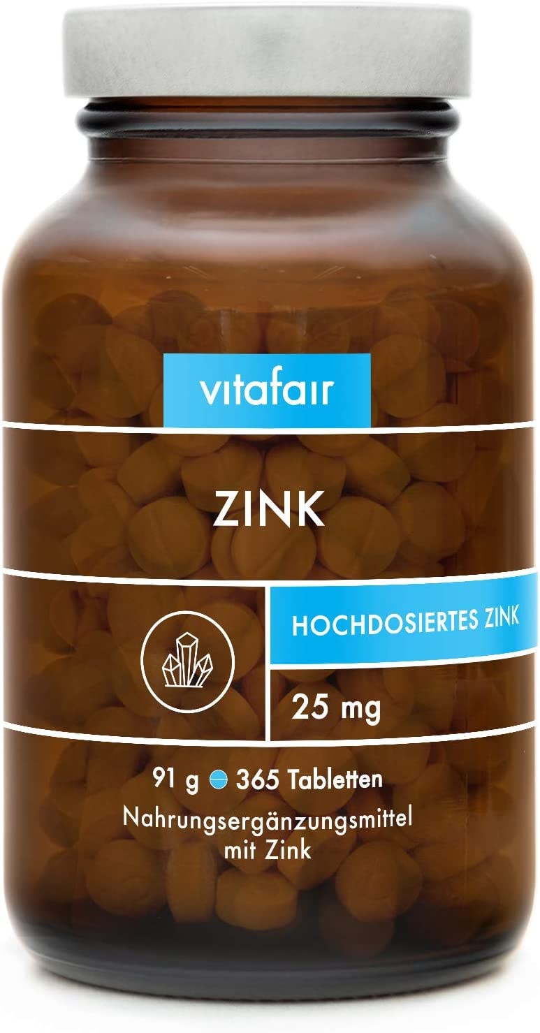 VITAFAIR Zink (hochdosiert, 25mg) - 365 Vegane Tabletten in Braunglas, Ohne Zusätze, German Quality - Zink-Bisglycinat