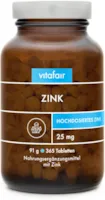 vitafair Zink hochdosiert, 25mg 365 Vegane Tabletten in Braunglas, Ohne Zusätze, German Quality Zink-Bisglycinat