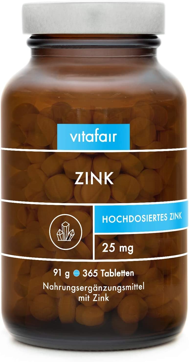 Produktbild von vitafair Zink hochdosiert, 25mg 365 Vegane Tabletten in Braunglas, Ohne Zusätze, German Quality Zink-Bisglycinat