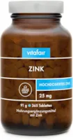 Produktbild von vitafair Zink hochdosiert, 25mg 365 Vegane Tabletten in Braunglas, Ohne Zusätze, German Quality Zink-Bisglycinat
