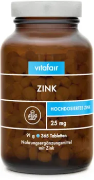Produktbild von vitafair Zink hochdosiert, 25mg 365 Vegane Tabletten in Braunglas, Ohne Zusätze, German Quality Zink-Bisglycinat