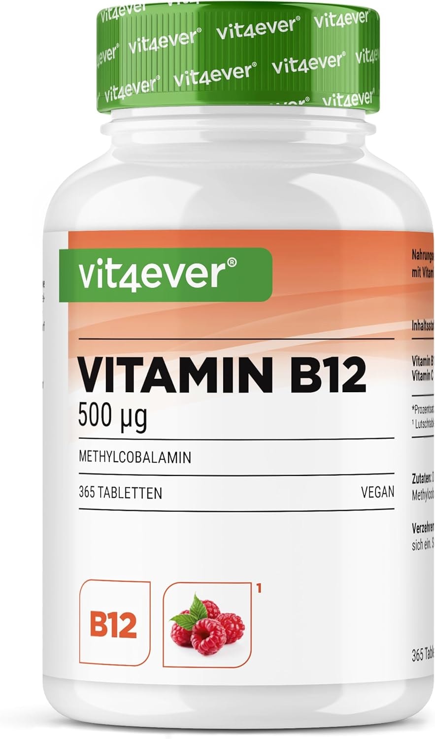Produktbild von Bewertung Vitamin B12 Himbeere 365 Lutschtabletten im Jahresvorrat Premium: 500 mcg aktives Methylcobalamin mit Vitamin C Hochdosiert Vegan