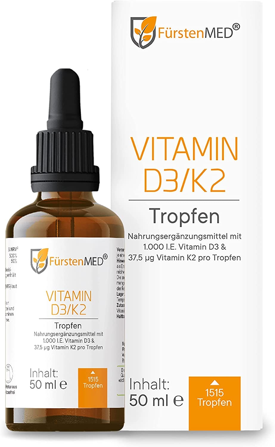 Produktbild von FürstenMED Vitamin D3 K2 Tropfen Hochdosiert 50ml 1515 Tropfen in MCT Öl auf Kokosbasis Ohne Zusatzstoffe