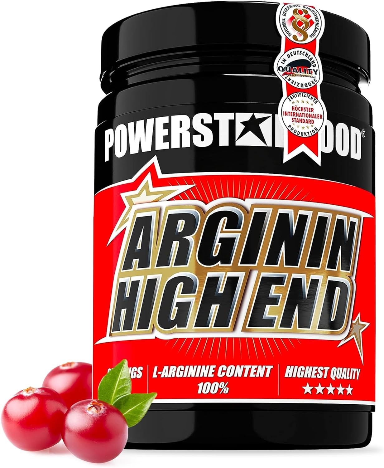 Produktbild von Bewertung Powerstar L-Arginin Base Pulver zuckerfrei mit Eisen Vitamin B2 und B6 HIGH END 500g hochdosiert vegan Deutsche Herstellung nach IFS 100% L-Arginine Base ohne Zuckerzusatz Maximale Nährstoffversorgung Cranberry