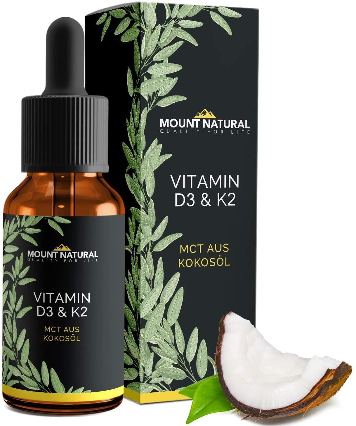 Produktbild von Mount Natural Vitamin D3 & K2 (Cholecalciferol & MK7-All-Trans)-NACHGEWIESENER VITAMINGEHALT!- BEIDE Vitamine hochdosiert 1000 IE/25 µg - Flüssig 1020 Tropfen in MCT-Öl aus Kokos - Laborgeprüft, ohne Zusatzstoffe