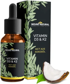 Produktbild von Mount Natural Vitamin D3 & K2 (Cholecalciferol & MK7-All-Trans)-NACHGEWIESENER VITAMINGEHALT!- BEIDE Vitamine hochdosiert 1000 IE/25 µg - Flüssig 1020 Tropfen in MCT-Öl aus Kokos - Laborgeprüft, ohne Zusatzstoffe
