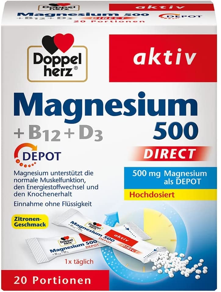Produktbild von Doppelherz Magnesium 500 + B12 + D3 DIRECT DEPOT – Magnesium für die normale Funktion der Muskeln und des Nervensystems – 1 x 20 Portionsbeutel