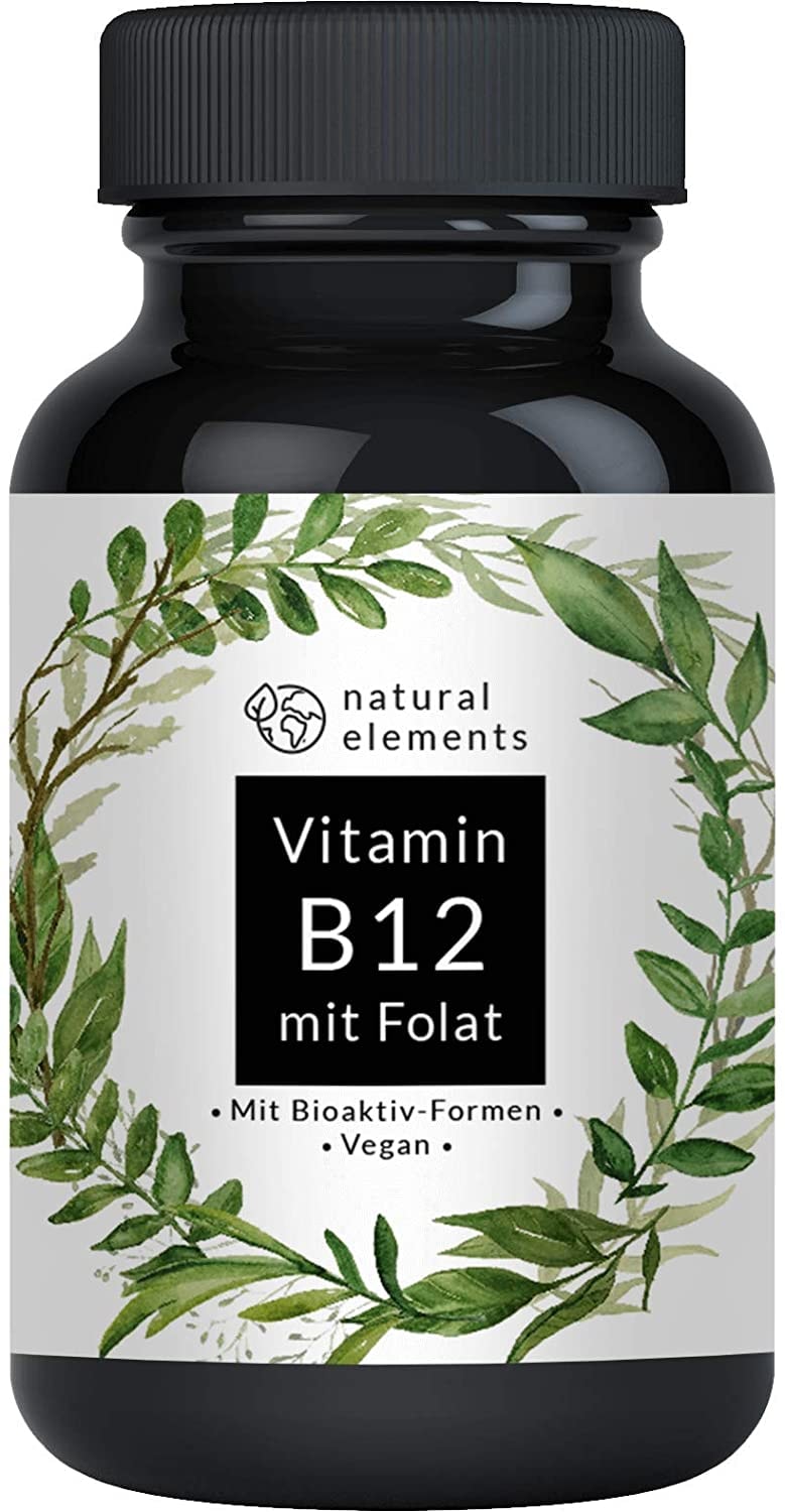 Produktbild von Bewertung natural elements Vitamin B12 180 Tabletten Hochwertig durch beide Aktivformen Depot Folat (5-MTHF aus Quatrefolic®) Vegan hochdosiert