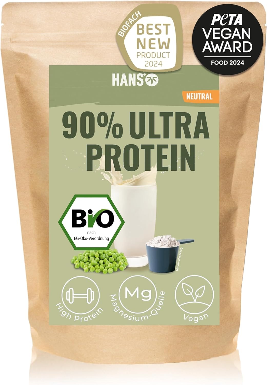 Produktbild von Bewertung HANS Brainfood Bio Erbsenprotein veganes Eiweißpulver hydrolysiert 90% Ultra Protein 1000g Proteinpulver glutenfrei ohne Zusatzstoff ohne Süßungsmittel für Frauen und Männer