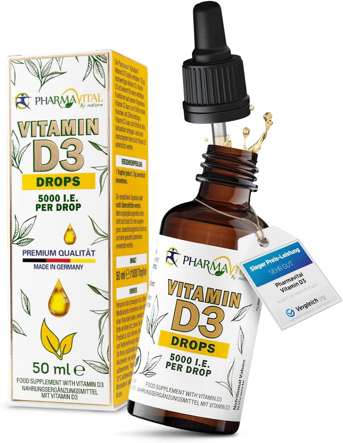 Pharmavital Vitamin D3 5000 50ml flüssig (1830 Tropfen) - Laborgeprüfte 5000 I.E. pro Tropfen - Hochwertig: sehr hohe Stabilität - Hochdosiert, in Deutschland produziert