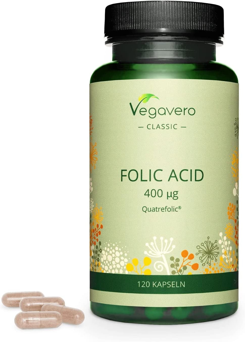 Produktbild von Vegavero Folsäure 400 µg Folat hochdosiert 5-MTHF L-Methylfolat Quatrefolic® Natürliches Vitamin B9 Bioaktive Form | VEGAN & Ohne Zusätze | 120 Kapseln