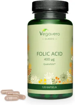 Produktbild von Vegavero Folsäure 400 µg Folat hochdosiert 5-MTHF L-Methylfolat Quatrefolic® Natürliches Vitamin B9 Bioaktive Form | VEGAN & Ohne Zusätze | 120 Kapseln