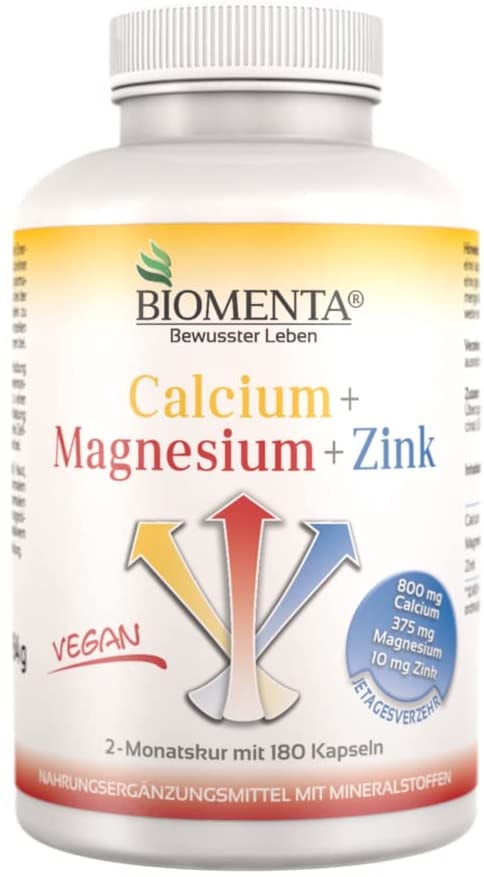 Produktbild von BIOMENTA Calcium + Magnesium + Zink – 180 vegane hochdosierte Multimineralien Kapseln mit 100% NRV - 2 Monatskur