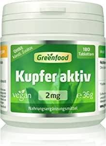 Produktbild von Greenfood Kupfer aktiv, 2 mg, hochdosiert, 180 Tabletten, vegan - gut für Haar- und Hautpigmentierung, Energiestoffwechsels und Immunstystem. OHNE künstliche Zusätze. Ohne Gentechnik.