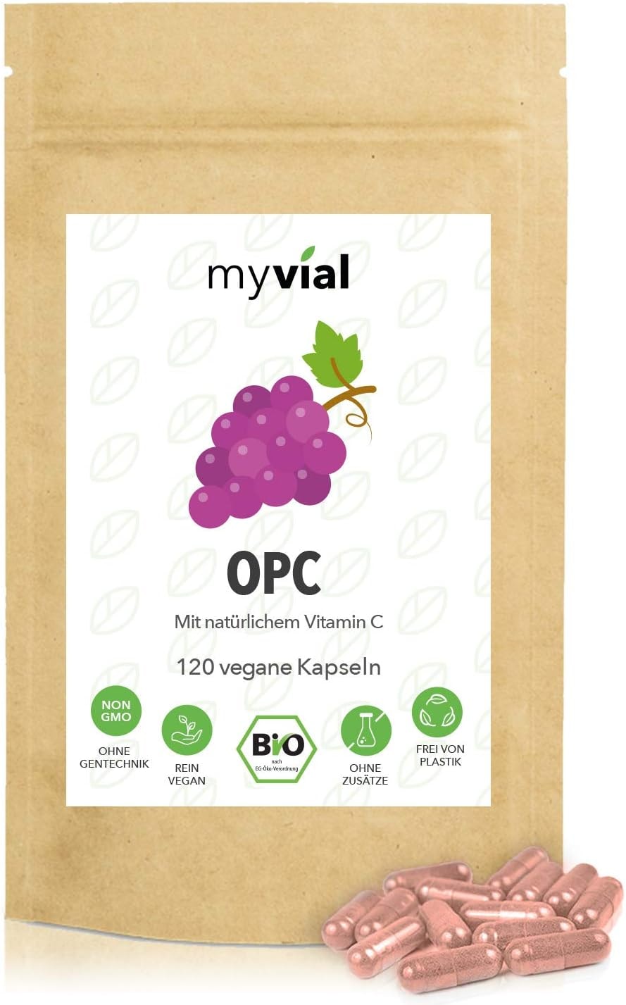 Produktbild von Bewertung myvial Bio OPC Traubenkernpulver Bio Vitamin C Kapseln 120 Stück vegan hochdosiert 40 Tage Vorrat 420mg pro Kapsel aus europäischen Weintrauben