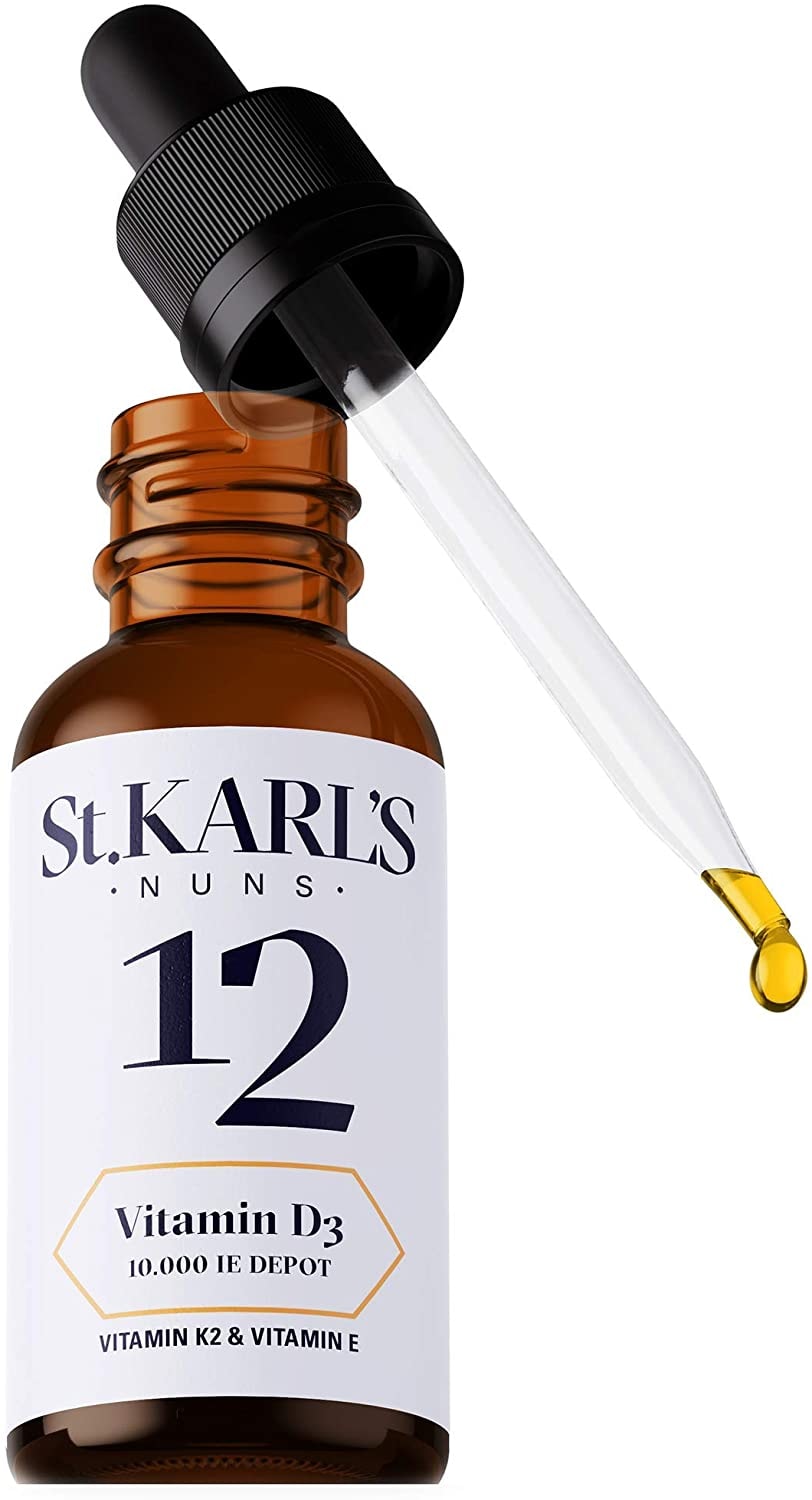 Produktbild von St. KARL'S NUNS Vitamin D3 Depot 10.000 i.E pro 1 ml, Vitamin K2 (Mk-7), Vitamin E, hochdosiert, Tropfen, 50 ml Flasche flüssig Vitamintropfen vegan, Made in Germany
