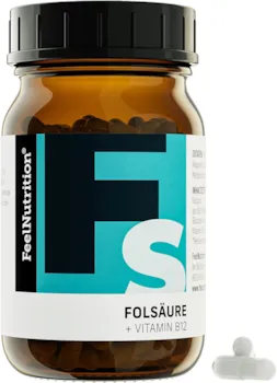 Produktbild von FeelNutrition - Folsäure+Vitamin B12 Aktiv - IM GLAS, OHNE WEICHMACHER - 800µg Folat als 5-MTHF Quatrefolic® und 140µg Vitamin B12 als Methylcobalamin - OHNE Magnesiumstearat - vegan & hochdosiert - 120 Kapseln
