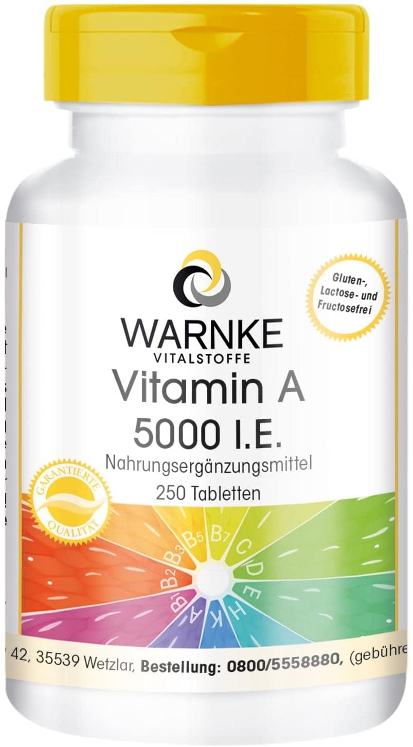 Produktbild von WARNKE VITALSTOFFE Vitamin A 5000 I.E 1500µg Retinol (Retinylacetat) pro Tablette hochdosiert & vegan 250 Tabletten