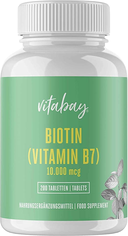 Produktbild von Vitabay Biotin | 200 vegane Tabletten | Hochdosiert mit 10.000 mcg | Vitamin B7 und Vitamin H | Für Haut, Haare und Nägel | Laborgeprüft & hergestellt aus hochwertigen Rohstoffen