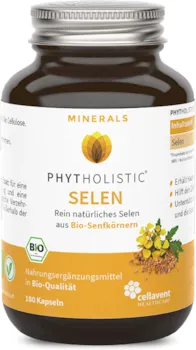 Produktbild von Phytholistic - Bio Selen Kapseln im Glas – aus Senfkörnern – 55 µg rein pflanzliches Selenmethionin – ohne künstliche Zusätze – 180 Kapseln