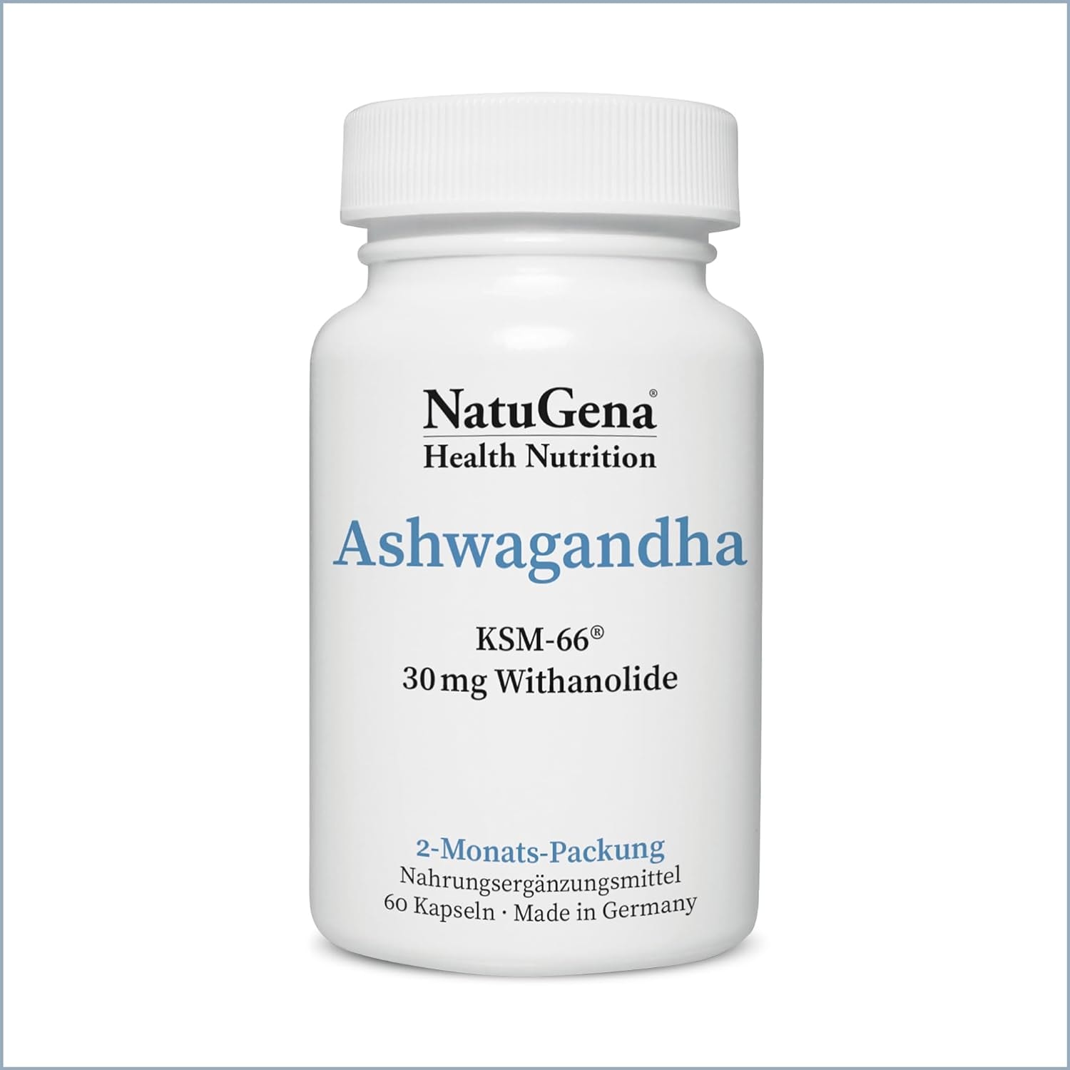 Produktbild von Bewertung NatuGena Ashwagandha KSM66 mit 30mg Withanoliden pro Tagesdosis Höchste Rohstoffqualität aus deutscher Herstellung 60 Kapseln für 2 Monate