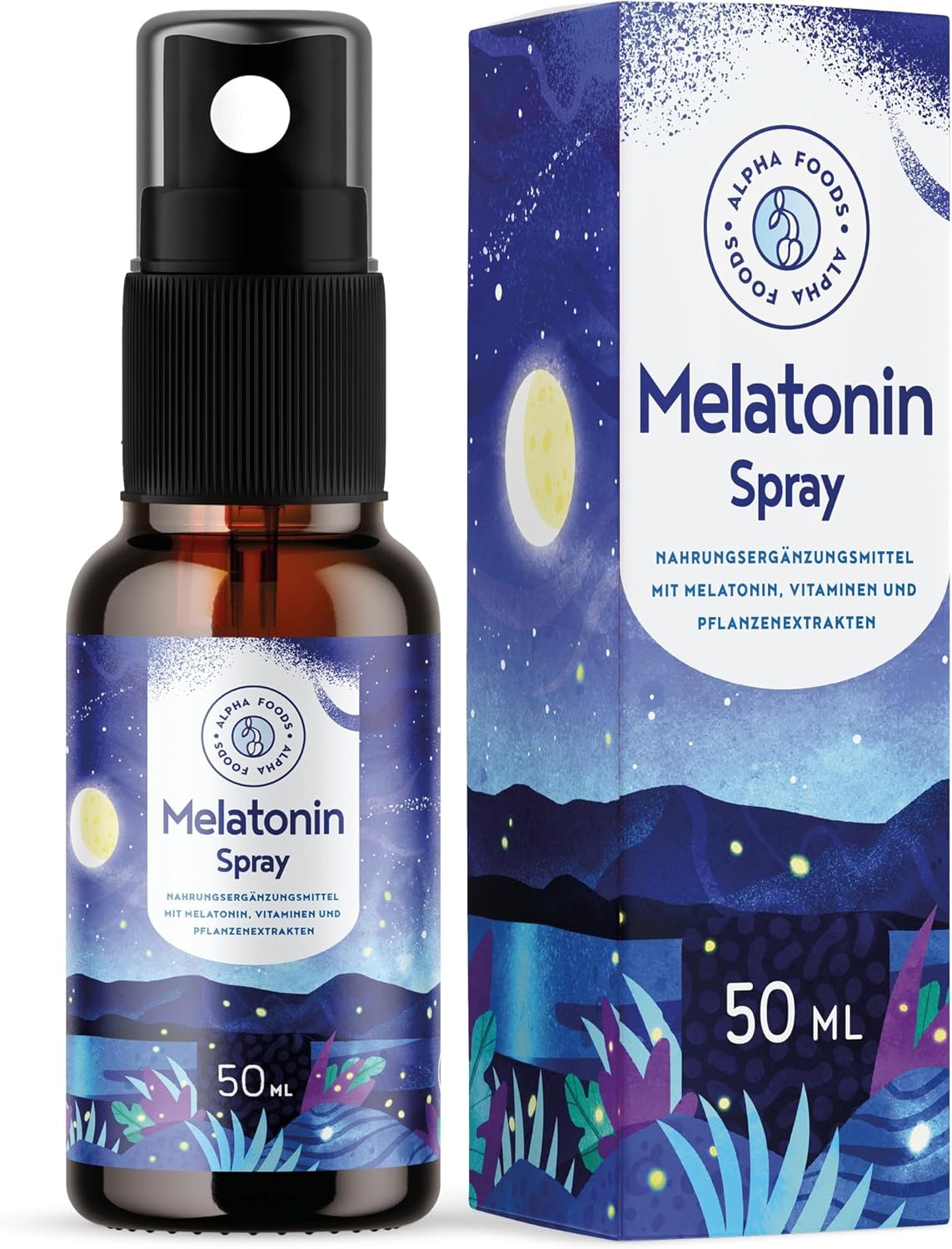 Produktbild von Bewertung Alpha Foods Melatonin Spray Hochdosiert 400 Tage Vorrat 50ml mit Baldrian Passionsblume Melisse Lavendel Vitamin B6 & B1  ohne Alkohol Vegan Himbeer Geschmack