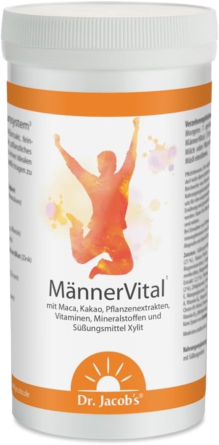 Produktbild von Bewertung Dr. Jacobs Männer Vital Getränkepulver für den Testosteronspiegel und Fruchtbarkeit für den Mann mit Kakao Maca Guarana Pflanzenextrakten Vitamine Mineralstoffe für das Immunsystem 350g vegan
