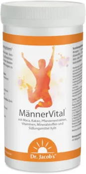 Produktbild von Bewertung Dr. Jacobs Männer Vital Getränkepulver für den Testosteronspiegel und Fruchtbarkeit für den Mann mit Kakao Maca Guarana Pflanzenextrakten Vitamine Mineralstoffe für das Immunsystem 350g vegan