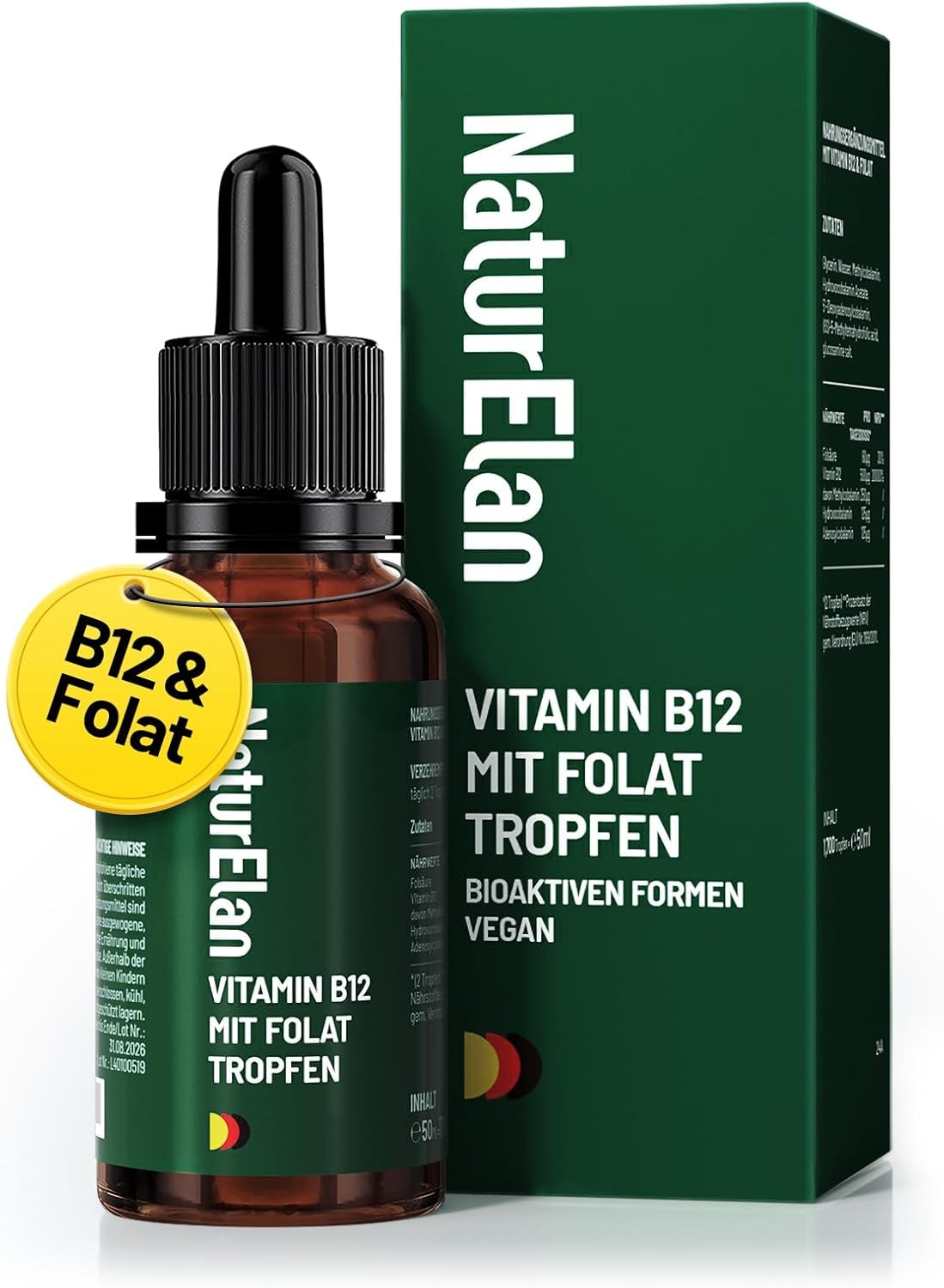 Produktbild von Bewertung NaturElan Vitamin B12 mit Folsäure hochdosierte Tropfen 500µg B12 und 60µg Folsäure pro Tagesdosis, 3 Aktivformen B12 und bioaktive Folsäure, 50ml, Ohne synthetische Zusätze, Vegan, in Deutschland Produziert NaturElan