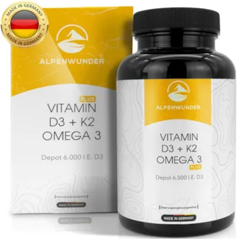 Alpenwunder Vitamin D3 und K2 mit Omega 3 Fischöl Kapseln hochdosiert, 100% MADE IN GERMANY, 180 hochwertige Vitamin D3+K2 und Omega 3 Fischölkapseln, hergestellt gemäß DIN EN ISO 9001