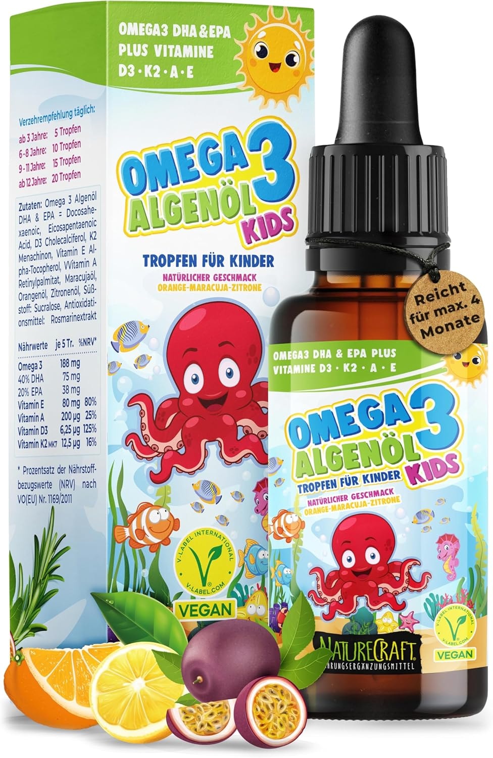 Produktbild von Bewertung ‎NatureCraft Omega-3 KIDS Algenöl PLUS Tropfen für Kinder 40% DHA und 20% EPA mit Vitamin D3 + K2 + A + E natürlich süßer Geschmack mit Maracuja-, Orangen- und Zitronenöl - Vegan (20ml = bis zu 4 Monats-Vorrat)
