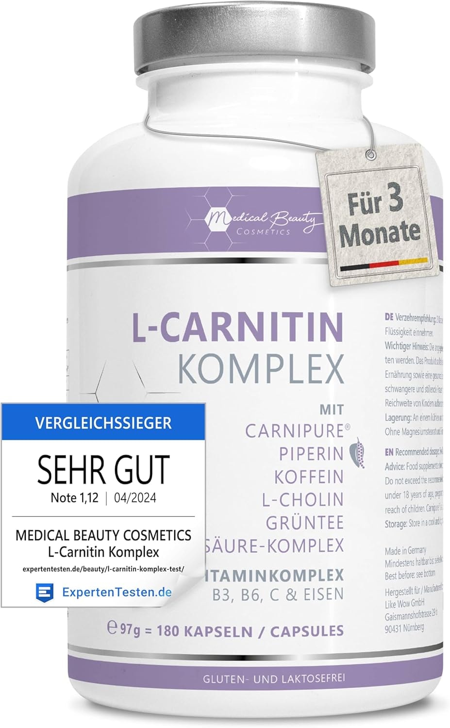 Produktbild von Bewertung Medical Beauty Cosmetics 180 Kapseln L-Carnitin hochdosiert Premium Rohstoff Carnipure von Lonza mit den Vitaminen B3 B6 und C Vegane L-Carnitin Kapseln mit Cholin Lysin Grüntee Koffein und Piperin laborgeprüft