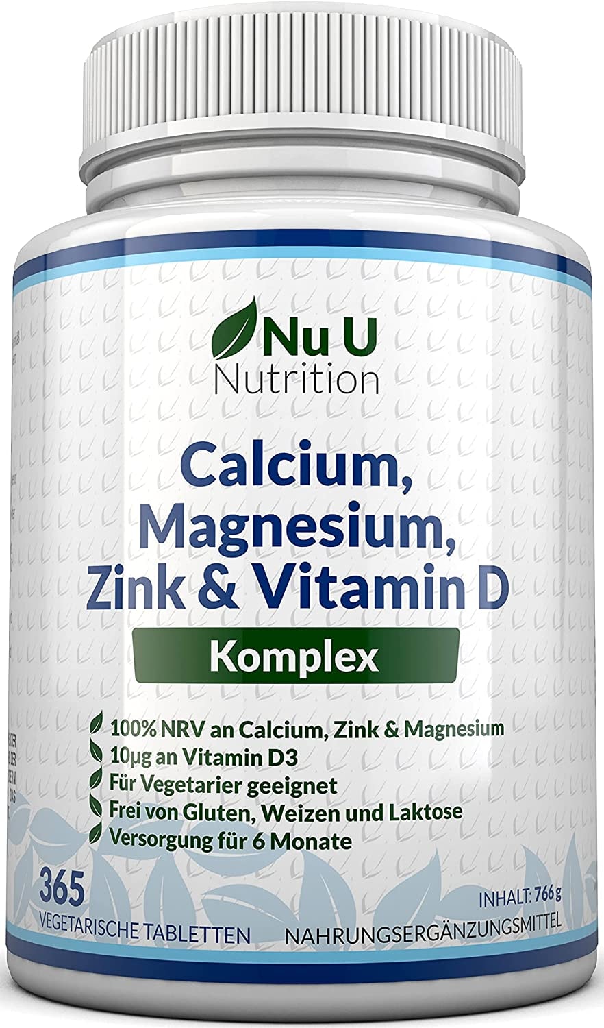 Produktbild von Nu U Nutrition - Calcium, Magnesium, Zink & Vitamin D3 | 365 Vegetarische Tabletten für 6 Monate | 800 mg Calciumcarbonat pro Tablette |