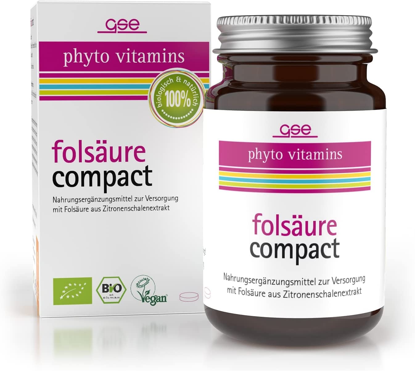 Produktbild von GSE Folsäure Compact, Tabletten, B-Vitamine aus Zitronenschalen BIO-Qualität, 100% vegan, ohne Zuckerzusatz & Zusatzsstoffe